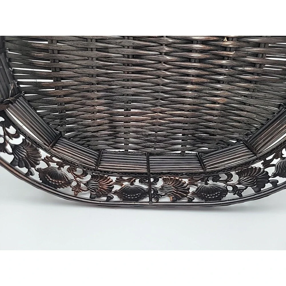 Metal & Wicker Tray Or Decor ~ Vtg Oval Brown Bambo & Copper Look ~ Well Made